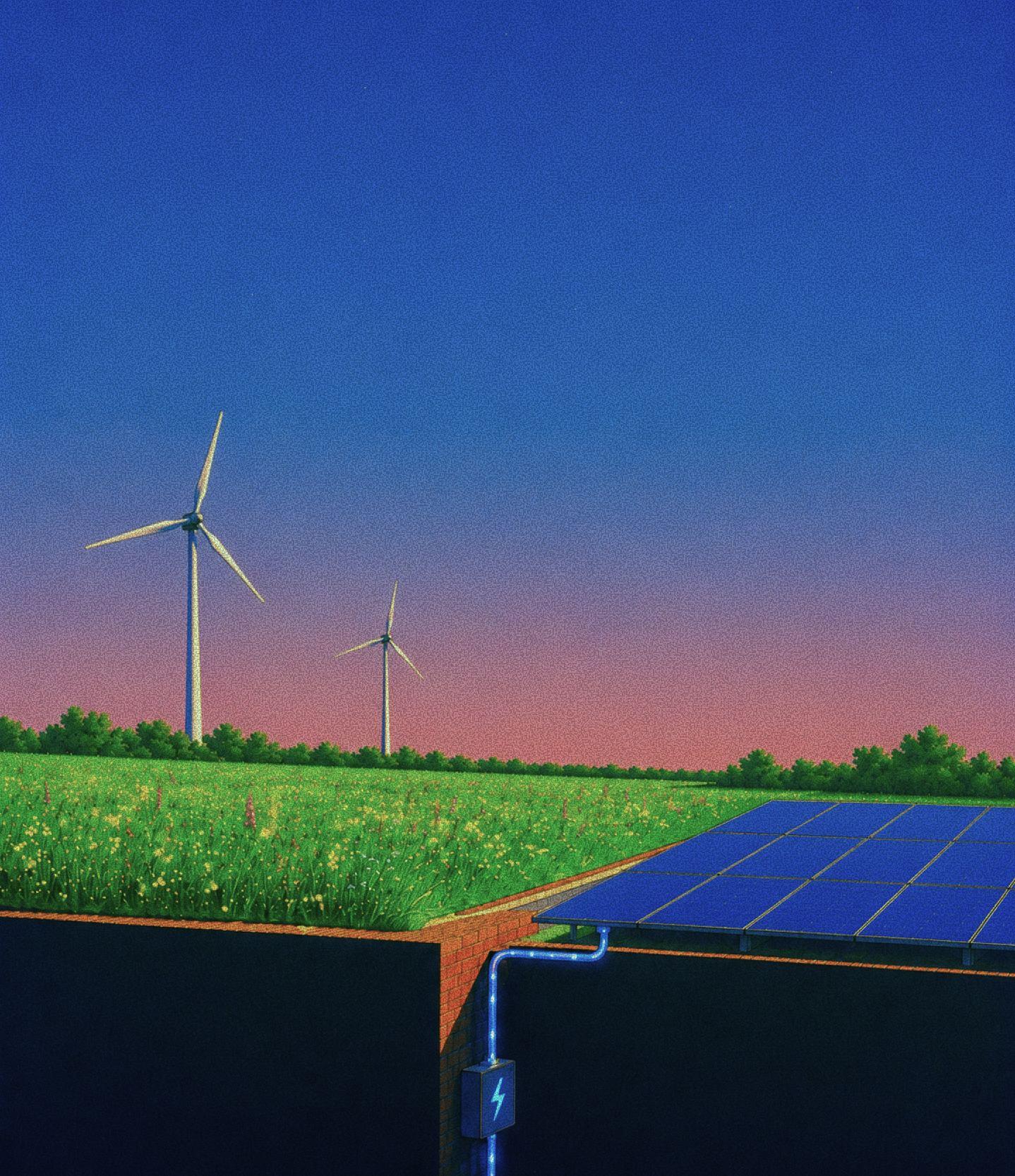 Windr&auml;der und Photovoltaik auf einer Wiese in der Abendd&auml;mmerung mit angedeutetem Batteriespeicher im Untergrund