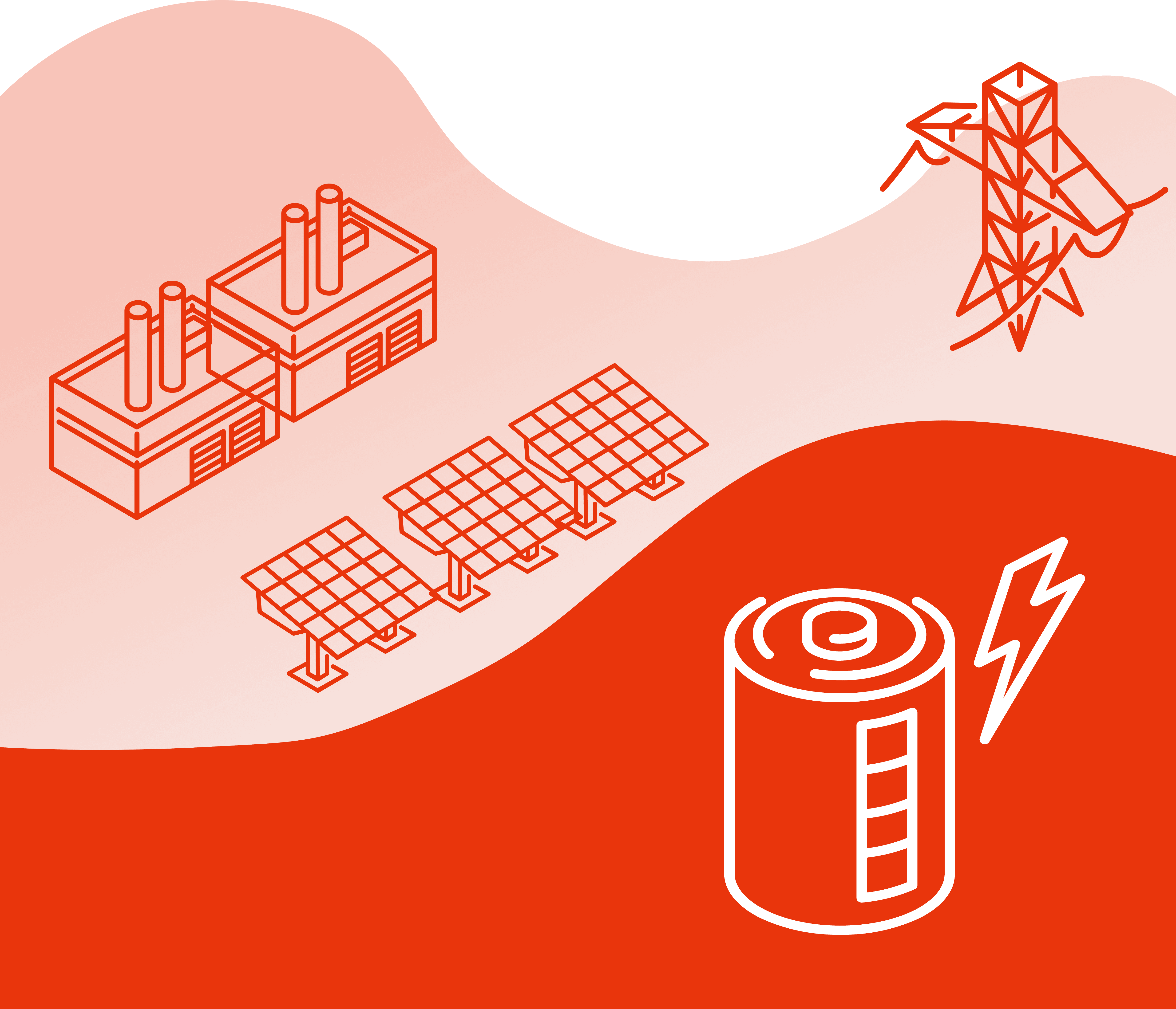 Illustration of an industrial plant, solar modules, power pylon and battery storage system with a lightning symbol