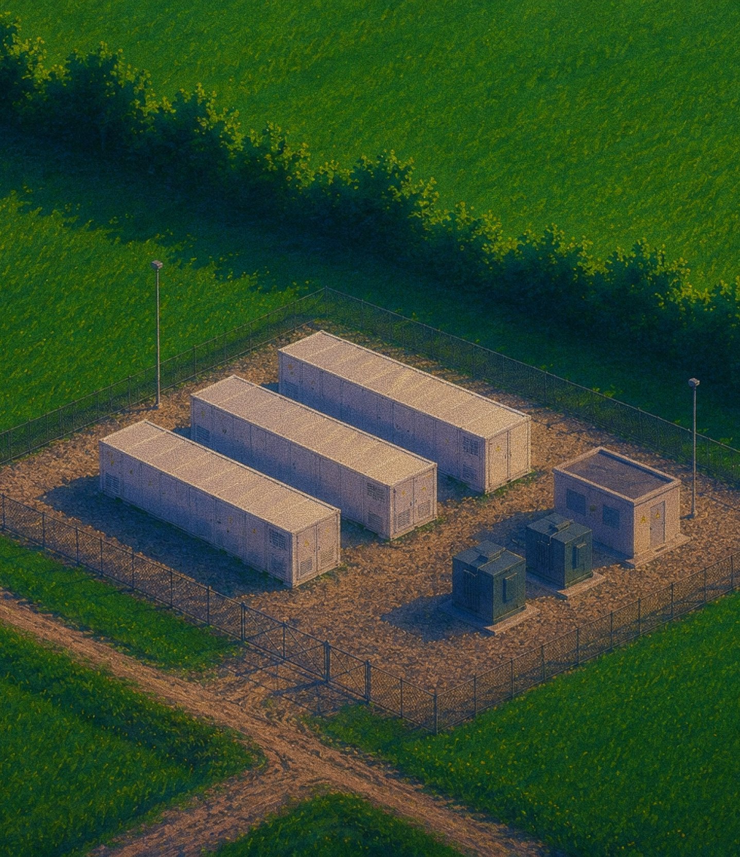 Luftaufnahme eines Batteriespeichers aus Containern mit Trafostation auf einem Feld