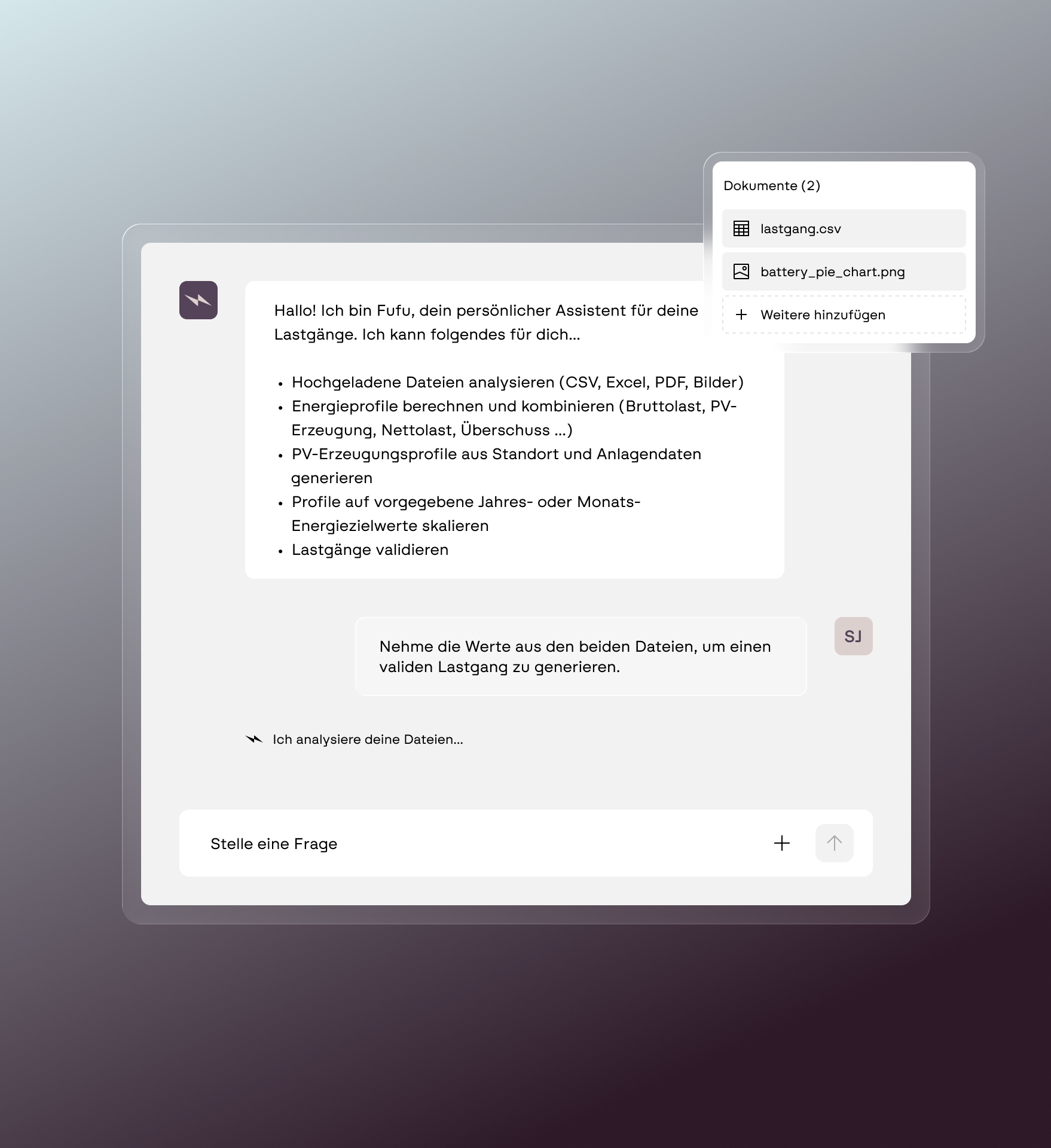 Screenshot der Furo-Software &ndash; KI-Assistent Fufu analysiert hochgeladene Lastgang- und Batteriedateien