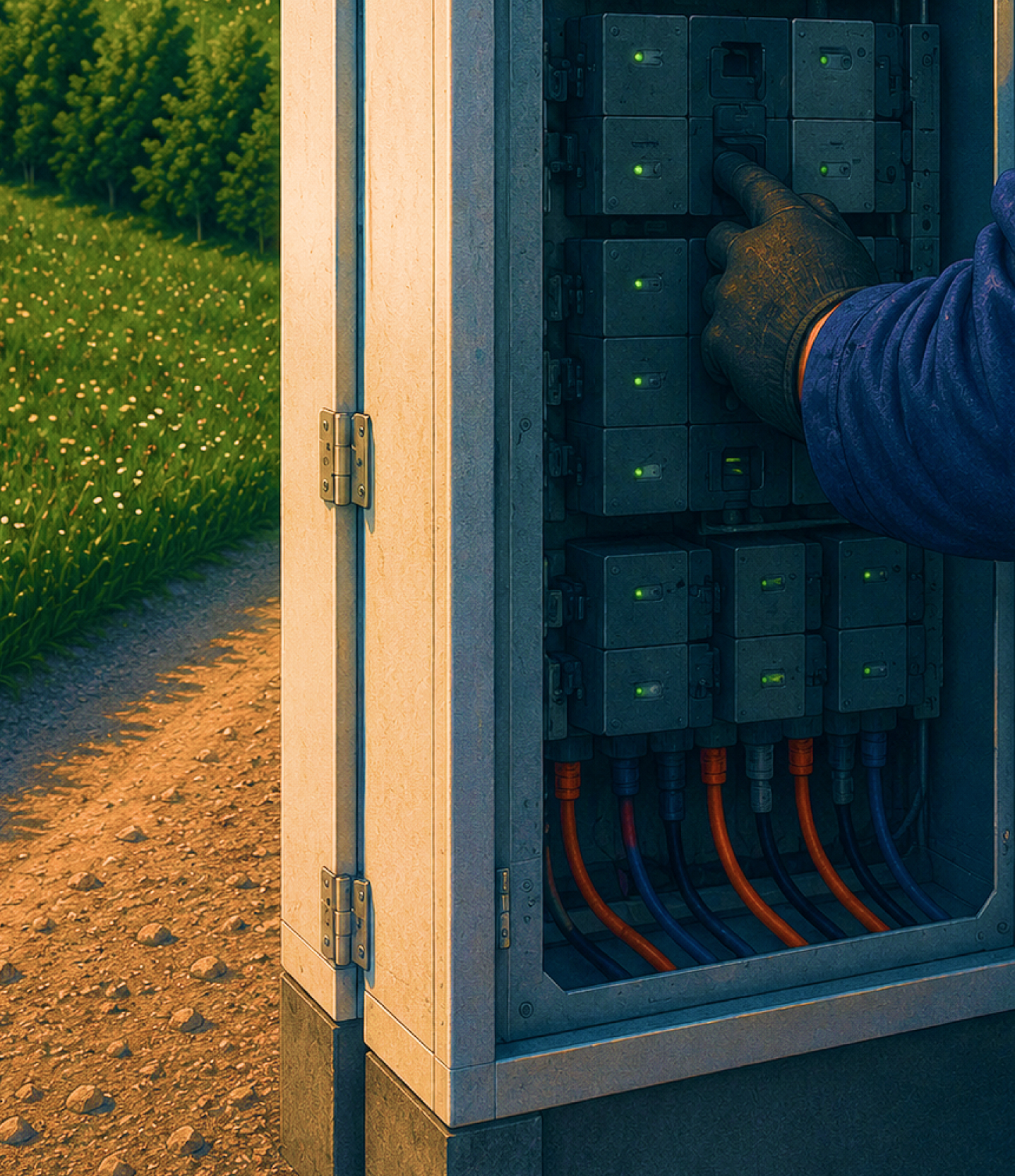 Installer wiring an outdoor battery storage cabinet at dusk